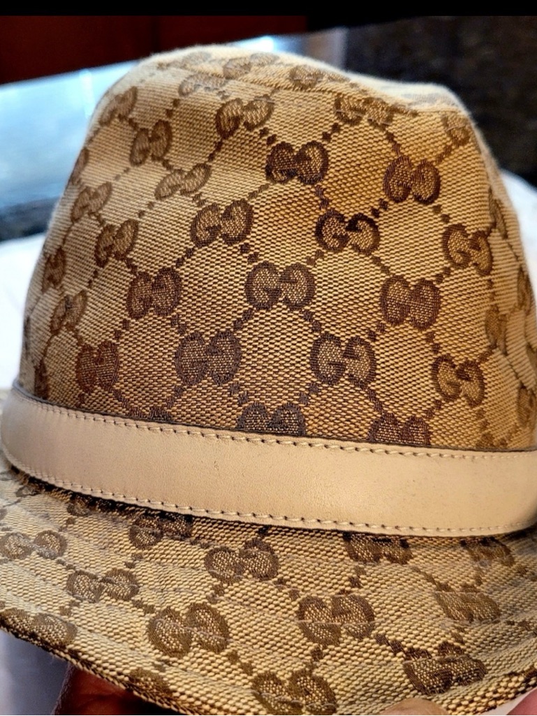Gucci Beige Monogram Canvas Fedora Hat With Tan Band